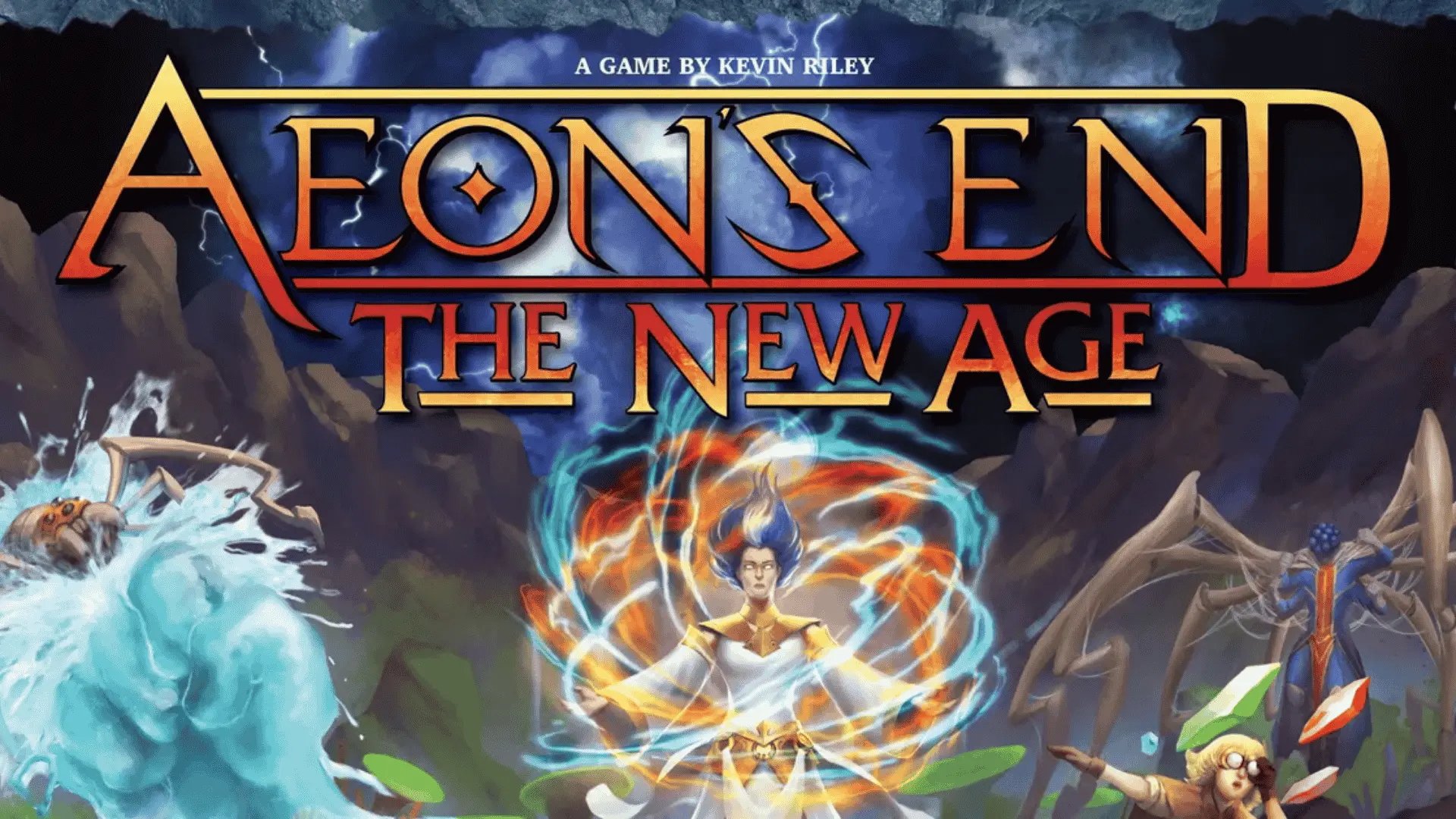 Cover art of Aeon’s End The New Age board game showing a powerful mage casting swirling magical energy at the center, with monsters and fantasy characters surrounding them in a dramatic, stormy la