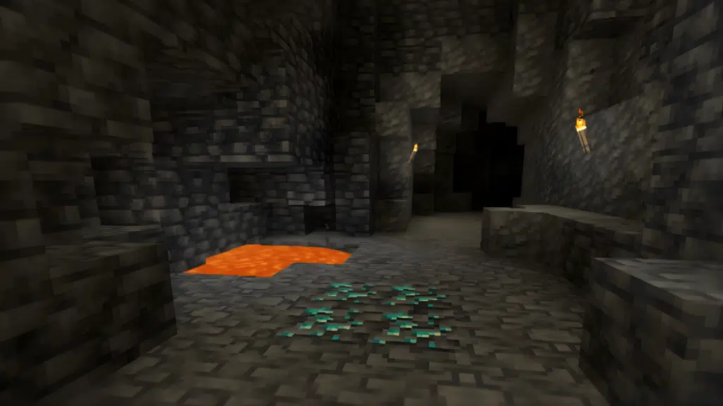 Exposed diamond ore beside lava inside a deep deepslate cave in Minecraft world.