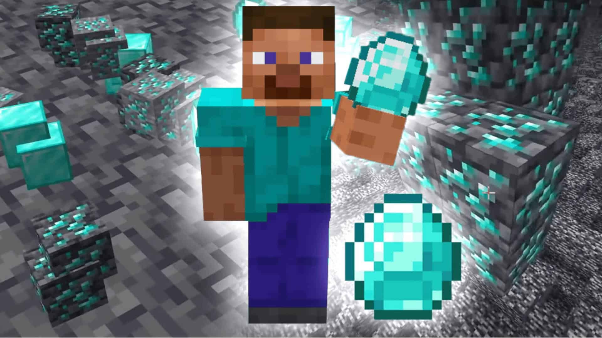 Steve holding a diamond with glowing diamond ore blocks in Minecraft cave scene.