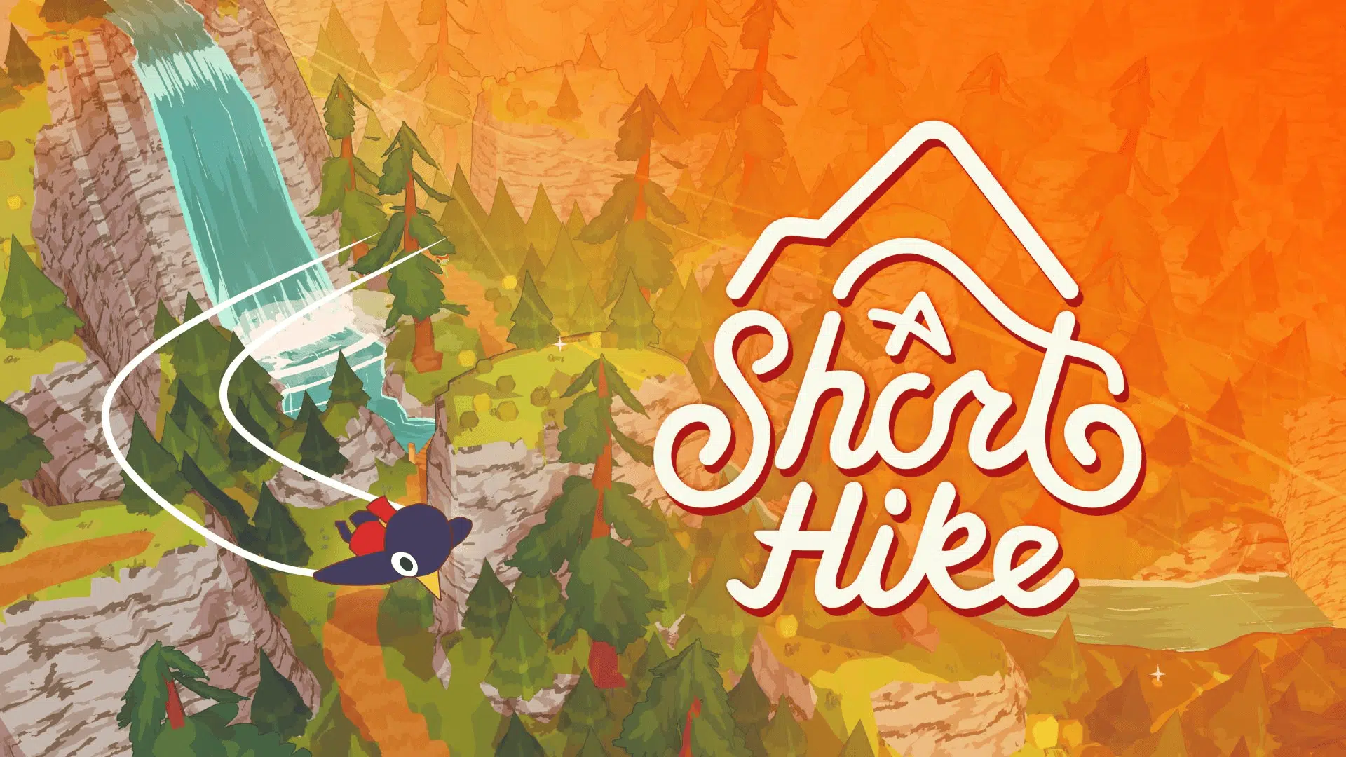 Cartoon bird flying near a waterfall in A Short Hike, a relaxing exploration game on Xbox