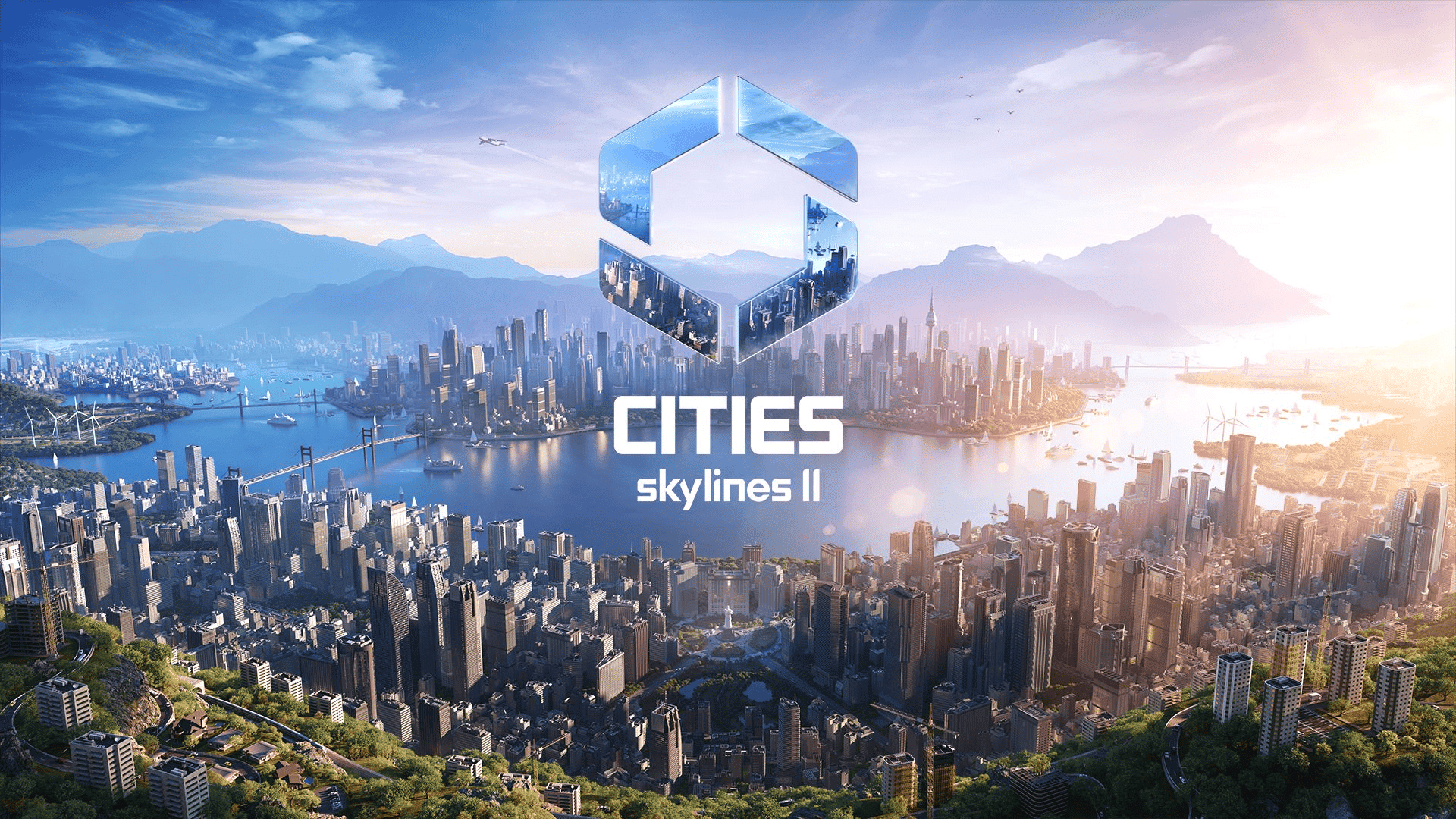 Aerial view of a large city being built in Cities: Skylines II, a relaxing city-building simulation on Xbox