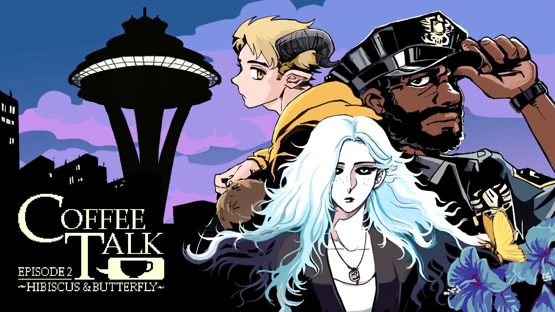 Characters from Coffee Talk Episode 2 set in a cozy nighttime Seattle café visual novel experience