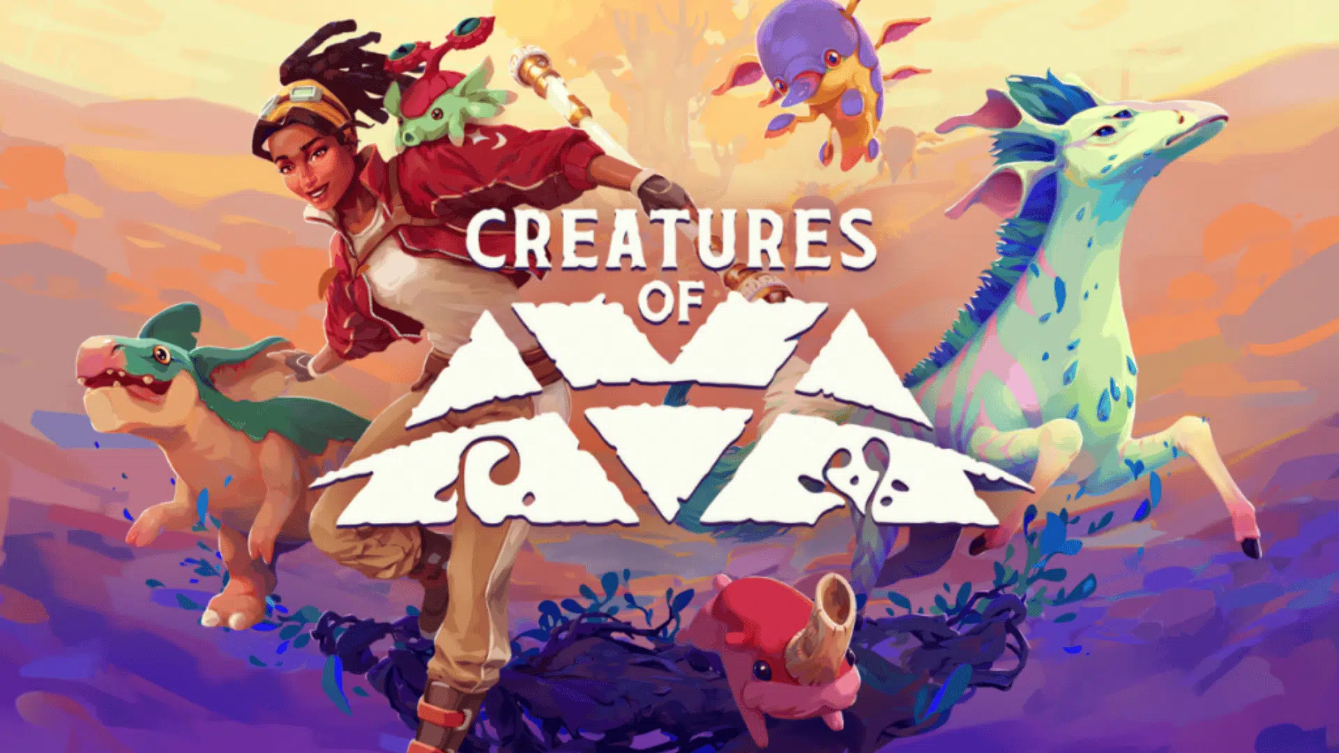 Vibrant fantasy creatures and explorer character from Creatures of Ava, a cozy exploration adventure game on Xbox