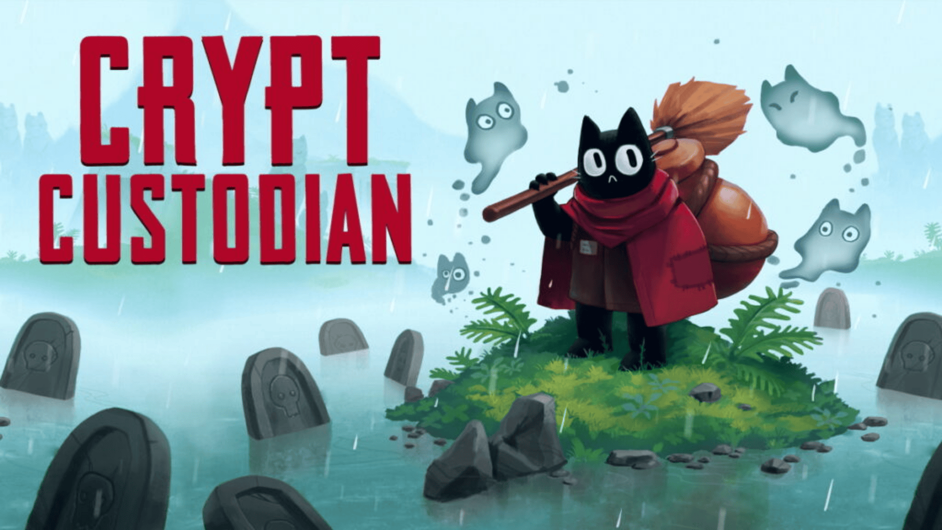 Cartoon black cat caretaker exploring a misty graveyard in Crypt Custodian, a cozy indie adventure game on Xbox