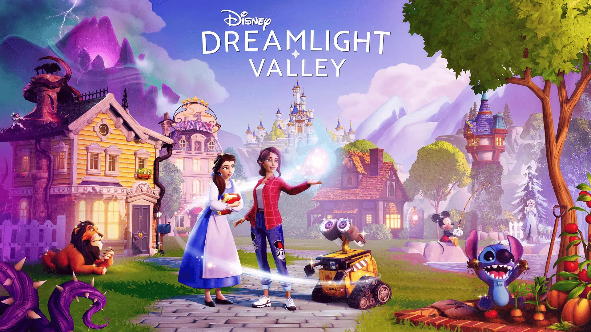Disney characters and magical village scenery in Disney Dreamlight Valley, one of the most popular cozy Xbox games