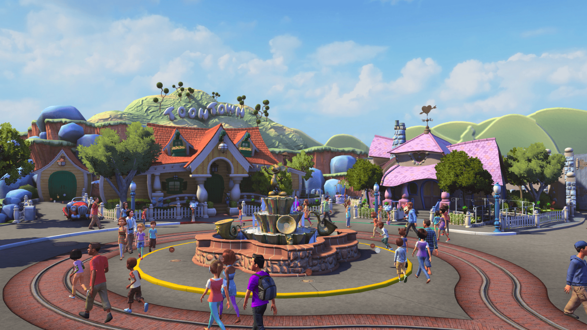 Colorful cartoon town square with characters walking around in a cheerful animated world on Xbox