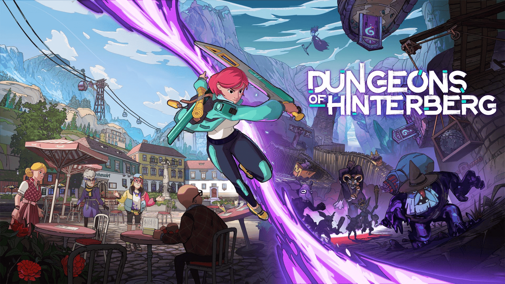 Hero image for Dungeons of Hinterberg showing a red-haired adventurer leaping through a glowing purple portal with a sword.
