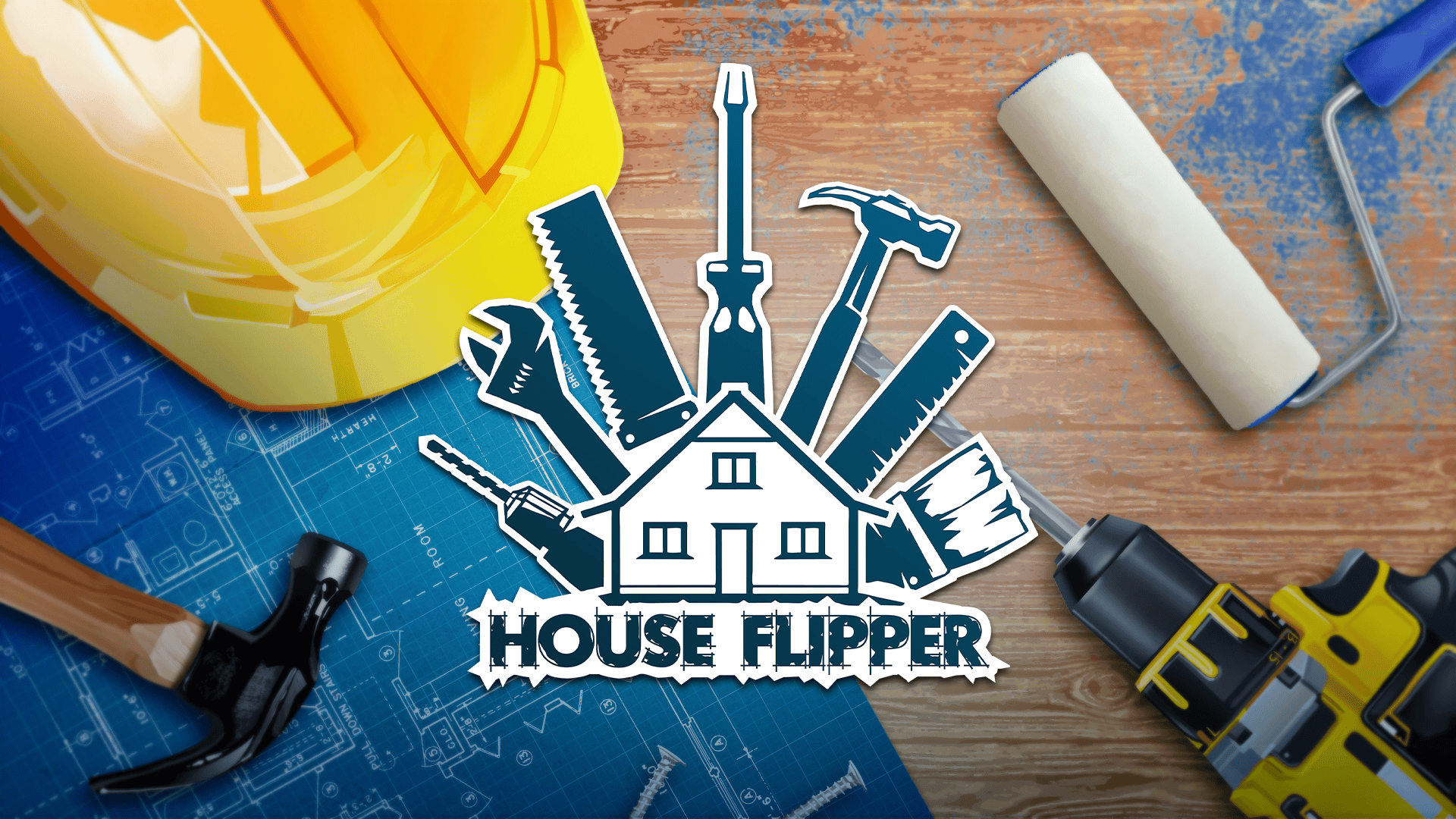 Tools, blueprint, and renovation equipment from House Flipper, a relaxing home renovation simulation on Xbox