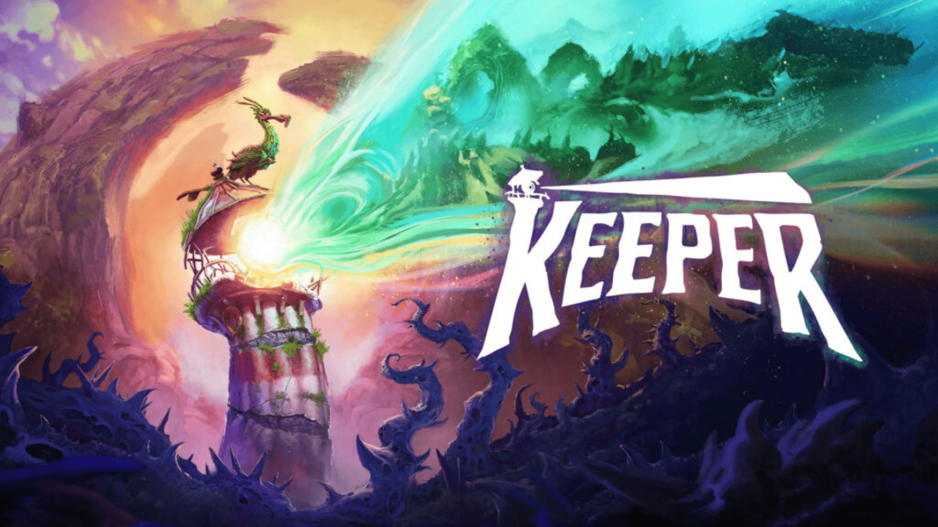  Colorful fantasy world and lighthouse scene from Keefer, a story-driven adventure game with magical landscapes
