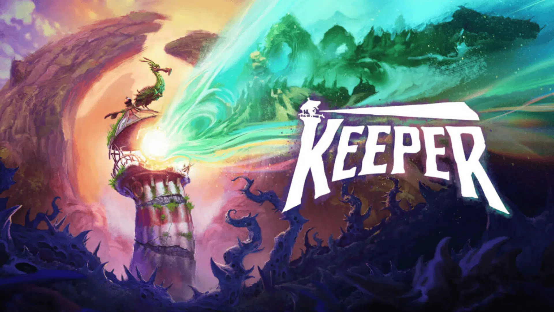  Colorful fantasy world and lighthouse scene from Keefer, a story-driven adventure game with magical landscapes