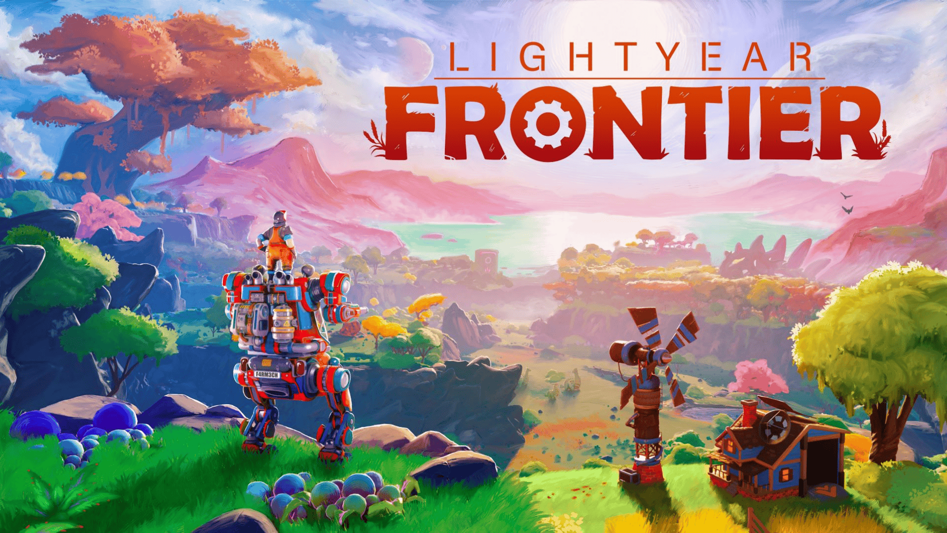 Colorful alien landscape with a farming mech in Lightyear Frontier, a cozy exploration and farming game on Xbox.