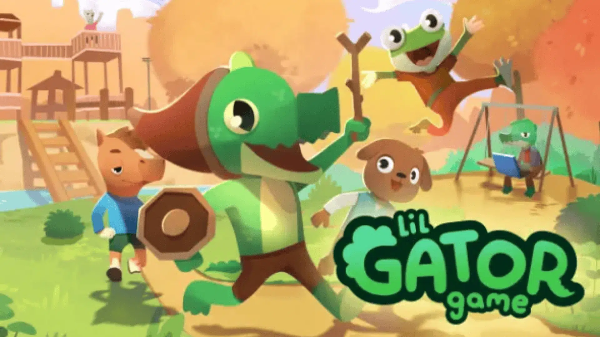 Cute cartoon alligator adventuring with friends in Lil Gator Game, a wholesome, cozy adventure game on Xbox