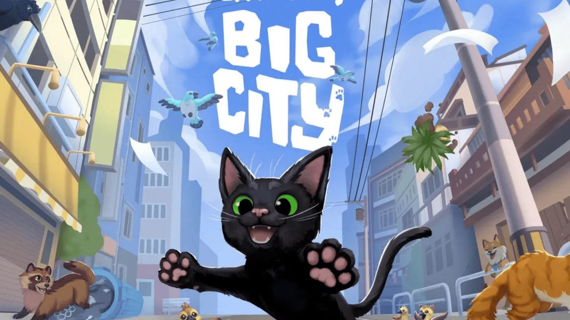 Playful black cat exploring a city street in Big City, a charming cozy cat adventure game