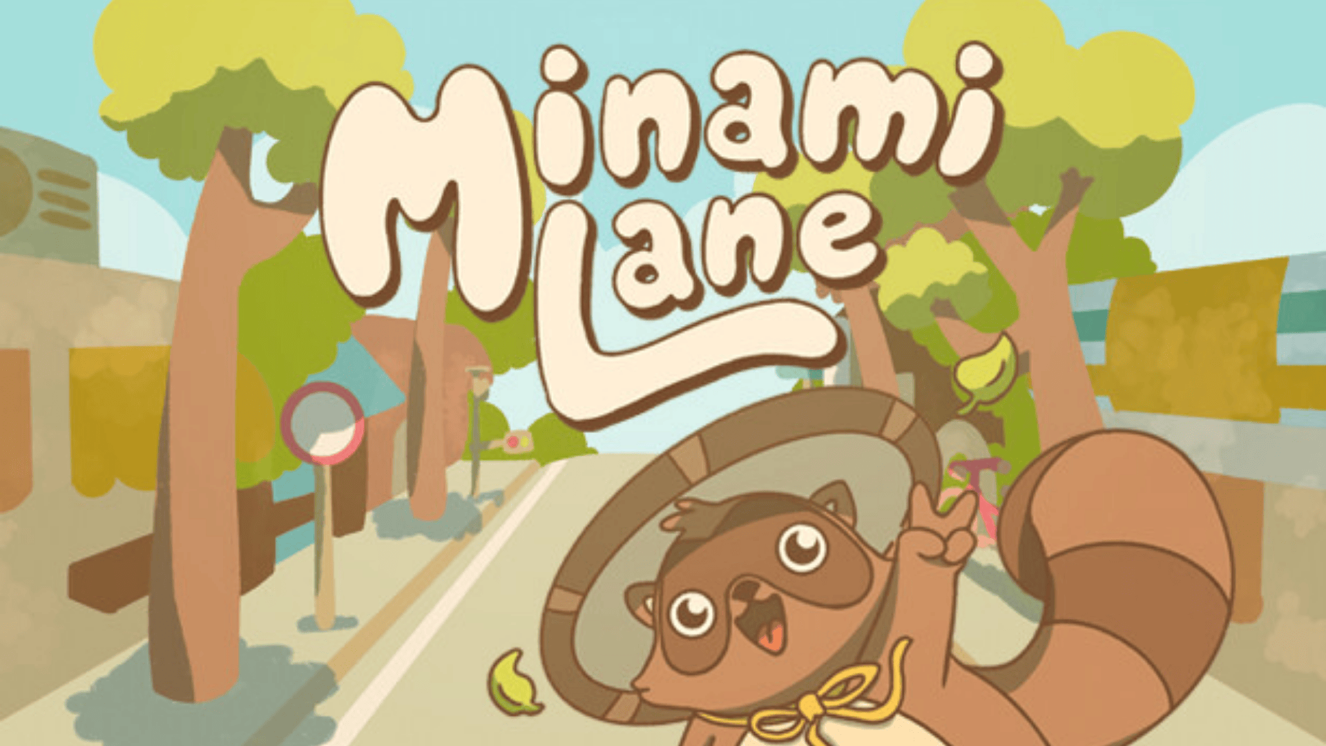 Cute raccoon character waving in Minami Lane, a relaxing cozy neighborhood management game