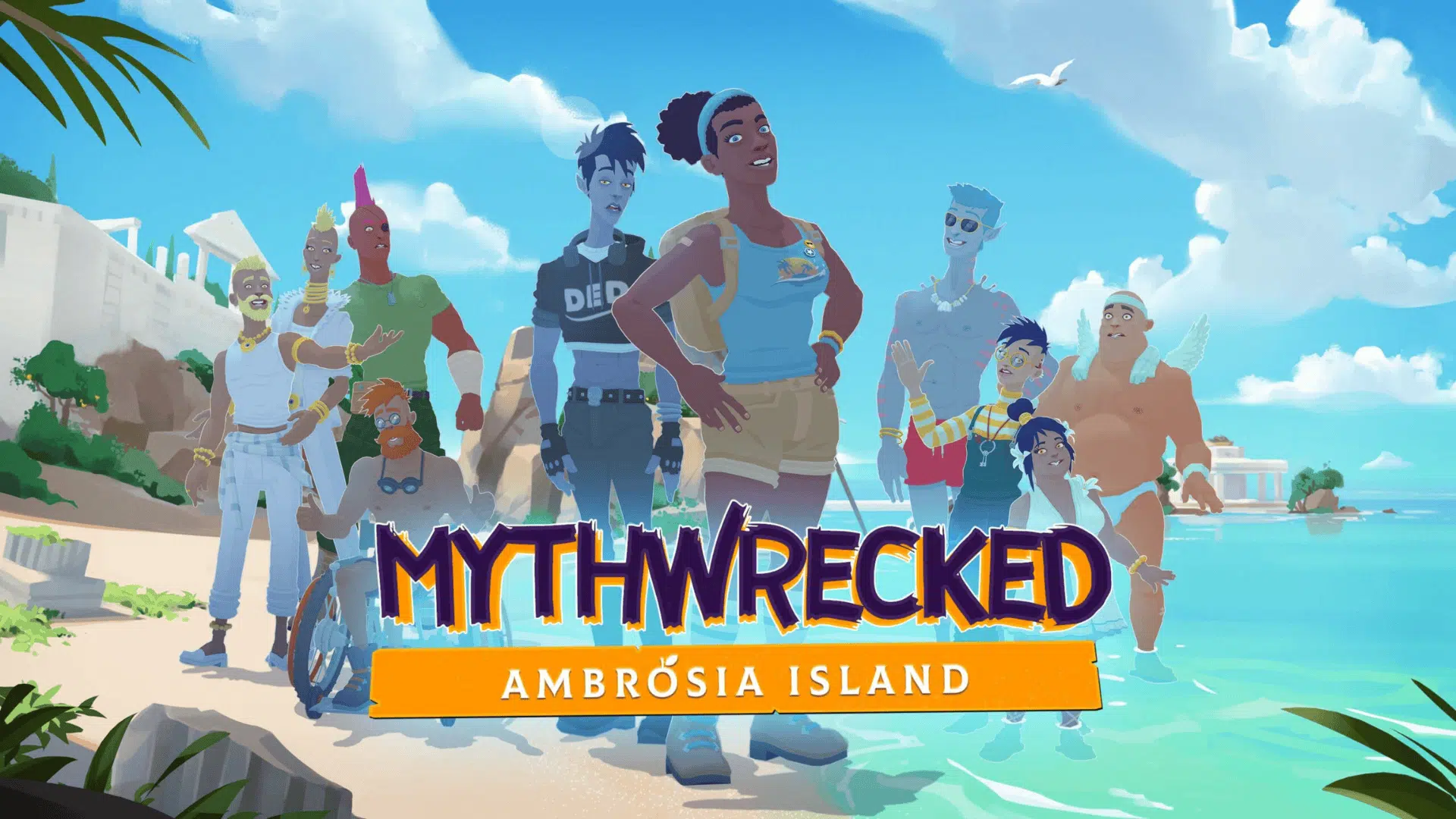Diverse characters exploring a bright tropical island in Mythwrecked Ambrosia Island, a cozy story adventure