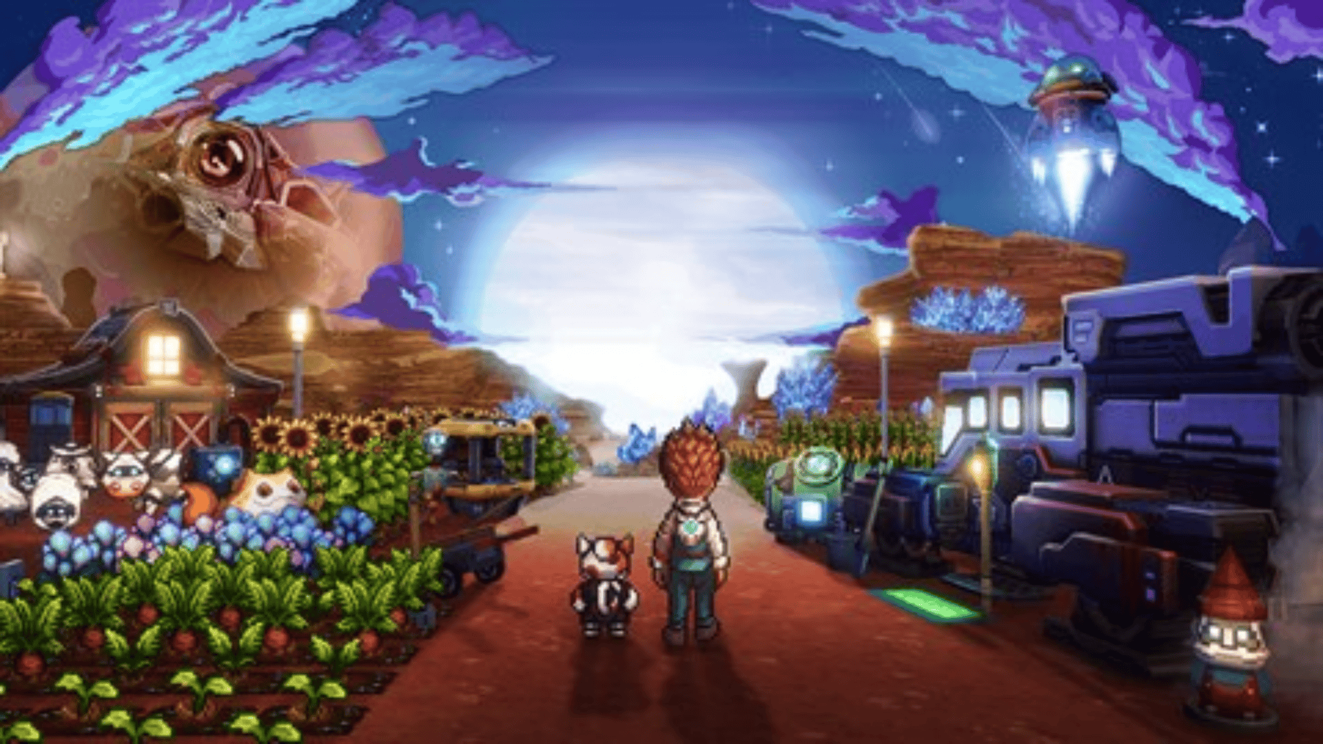 Pixel art farming landscape with crops, animals, and sci-fi structures in a cozy sandbox farming game.