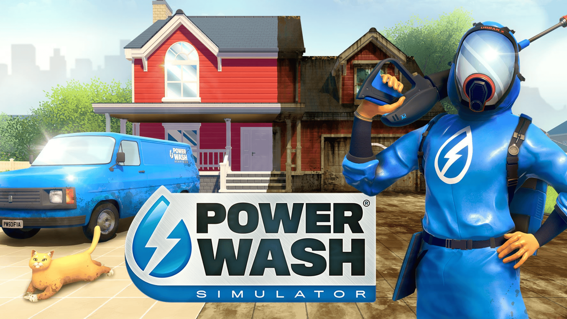 PowerWash Simulator gameplay showing a character cleaning a house exterior in a relaxing cozy Xbox simulation game