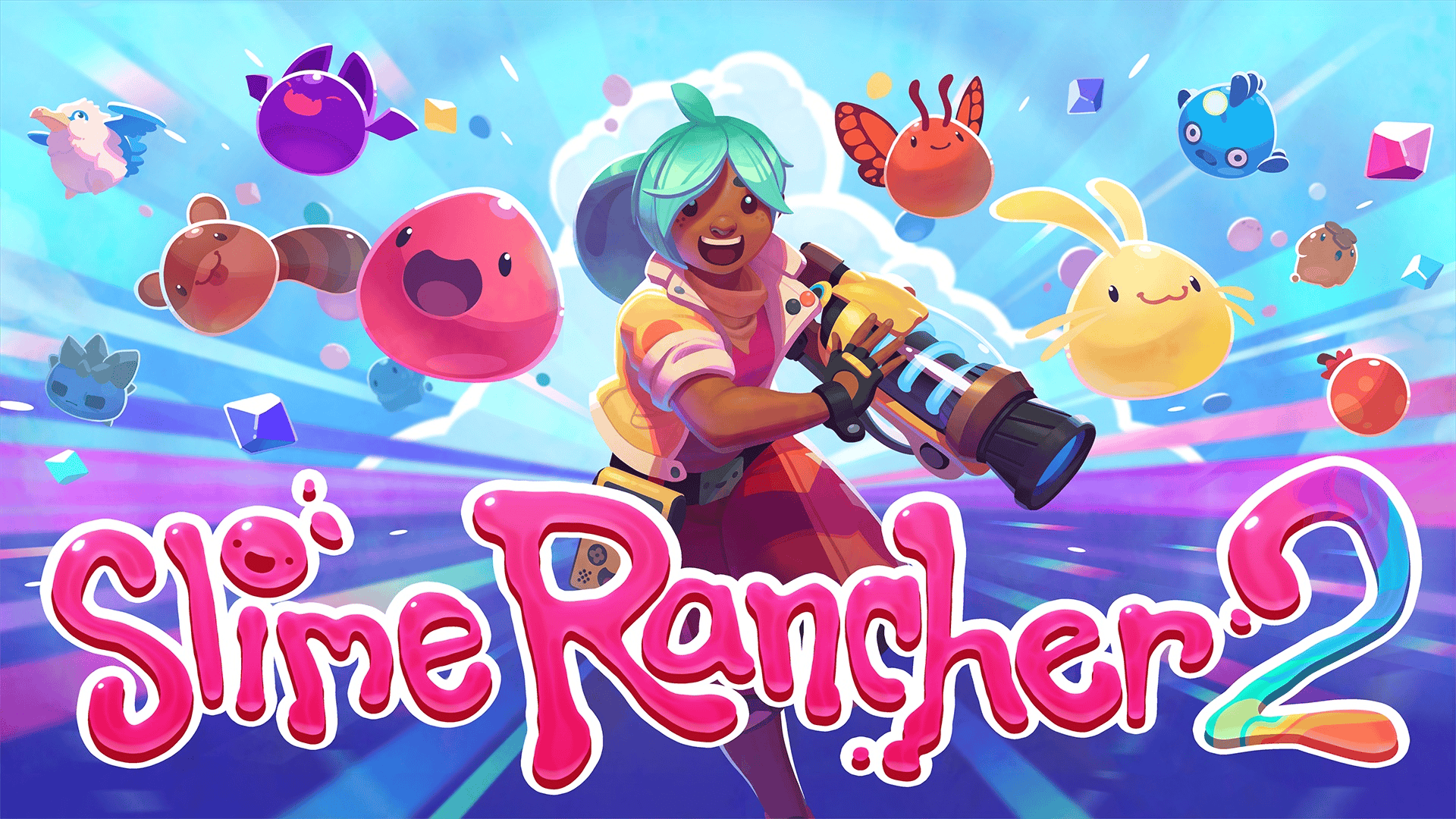 Bright colorful slimes and rancher character from Slime Rancher 2, a relaxing creature-collecting game on Xbox