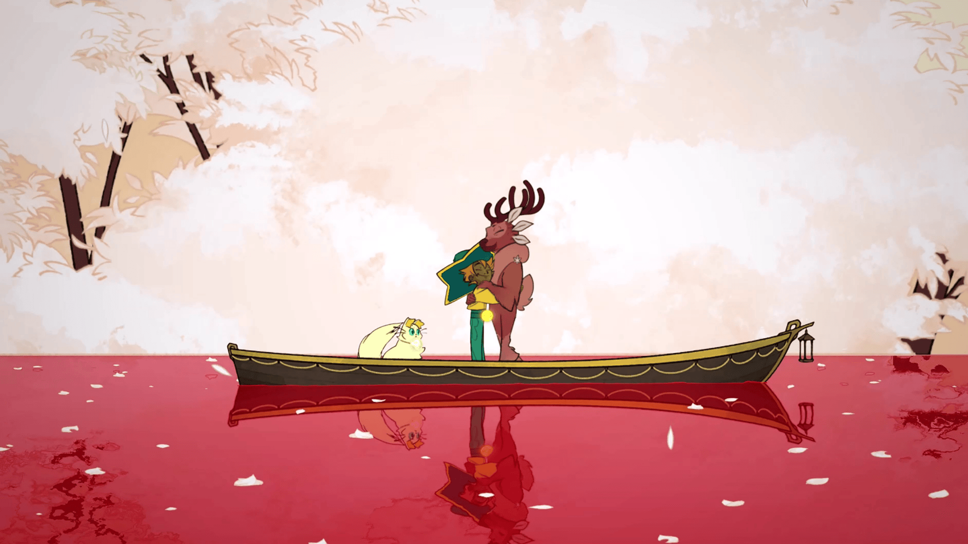 Spiritfarer characters sailing peacefully on a red lake, a calming emotional adventure often recommended among cozy Xbox games