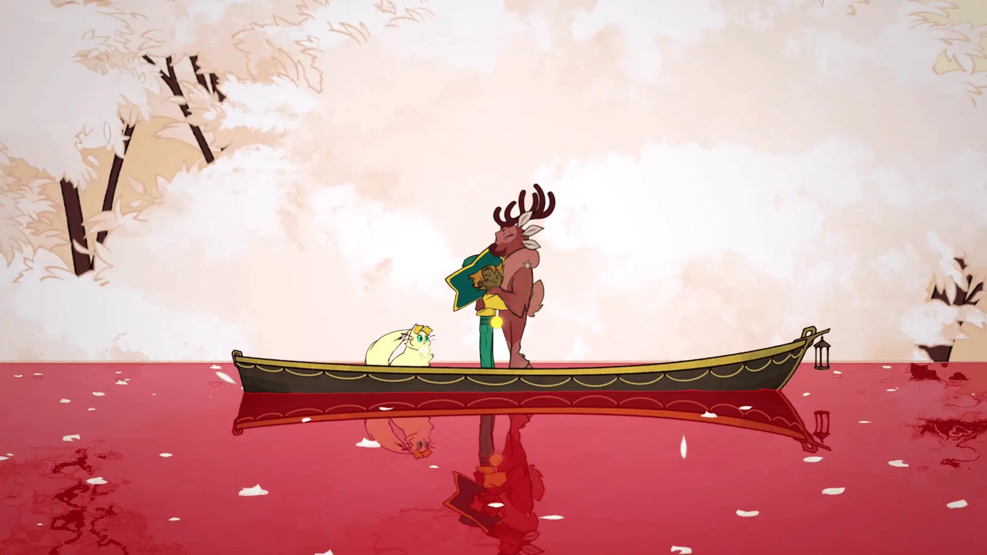 Spiritfarer characters sailing peacefully on a red lake, a calming emotional adventure often recommended among cozy Xbox games