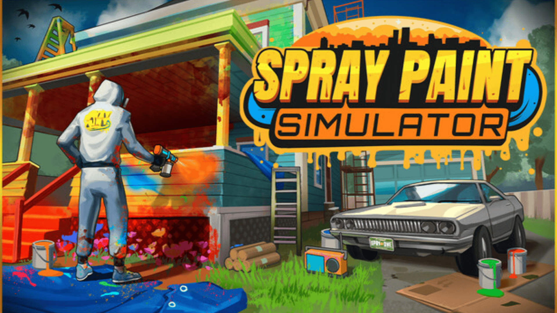 Character spray painting a colorful house in Spray Paint Simulator, a relaxing, creative simulation game on Xbox