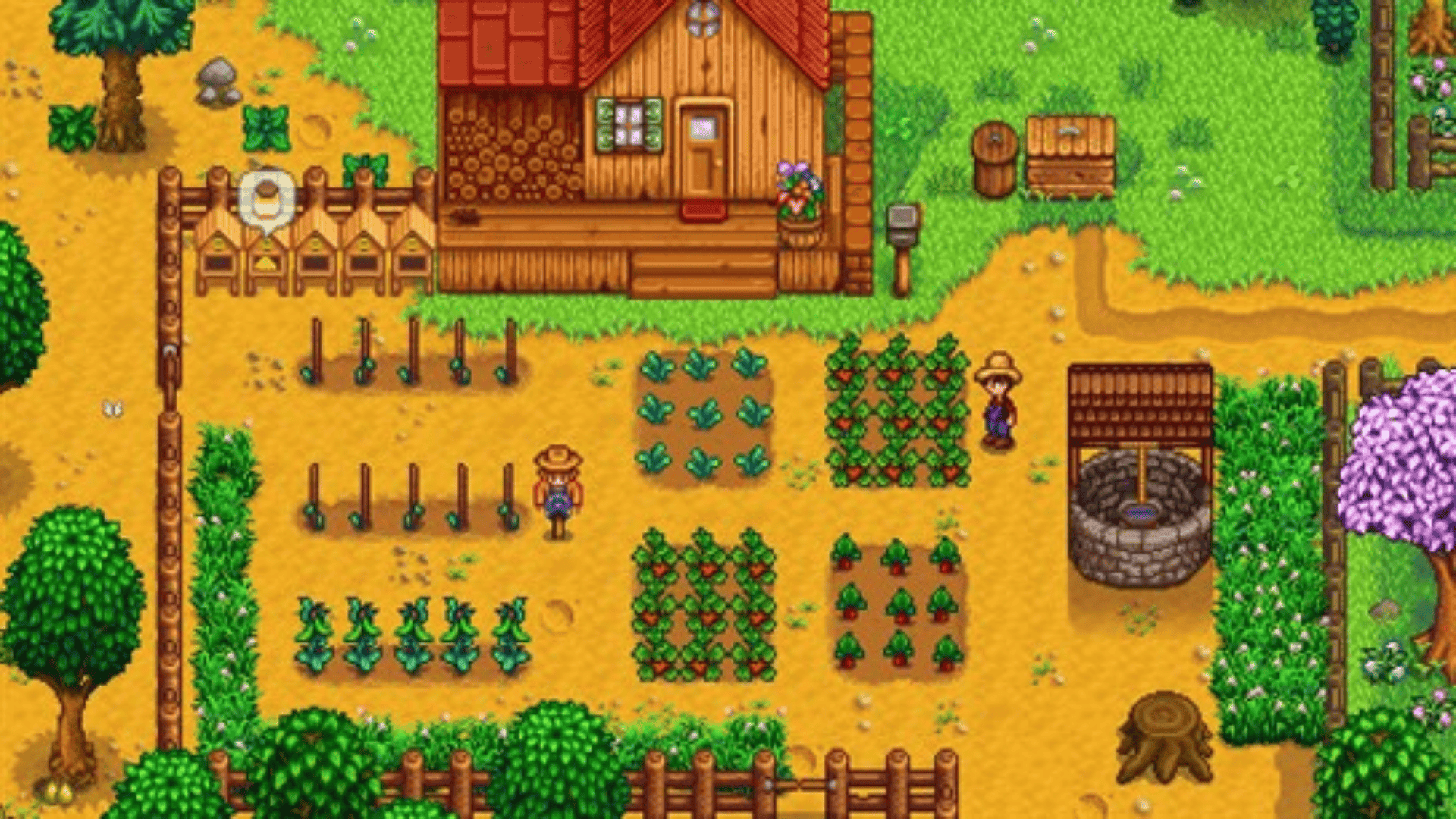Pixel art farm scene from Stardew Valley with crops and farmhouse, one of the most popular cozy farming games on Xbox