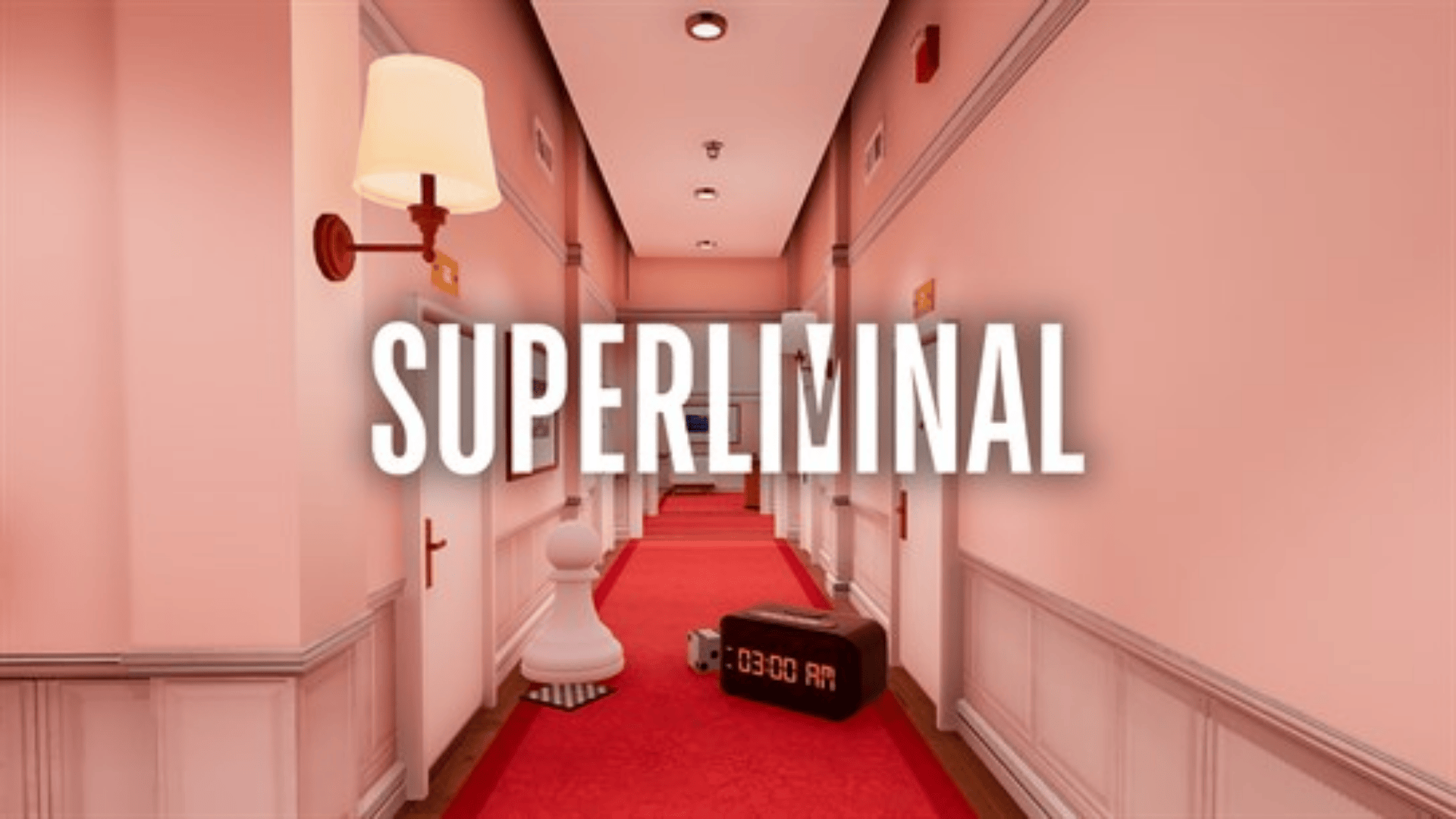 Surreal hallway puzzle scene from Superliminal, a relaxing, mind-bending puzzle experience available on Xbox