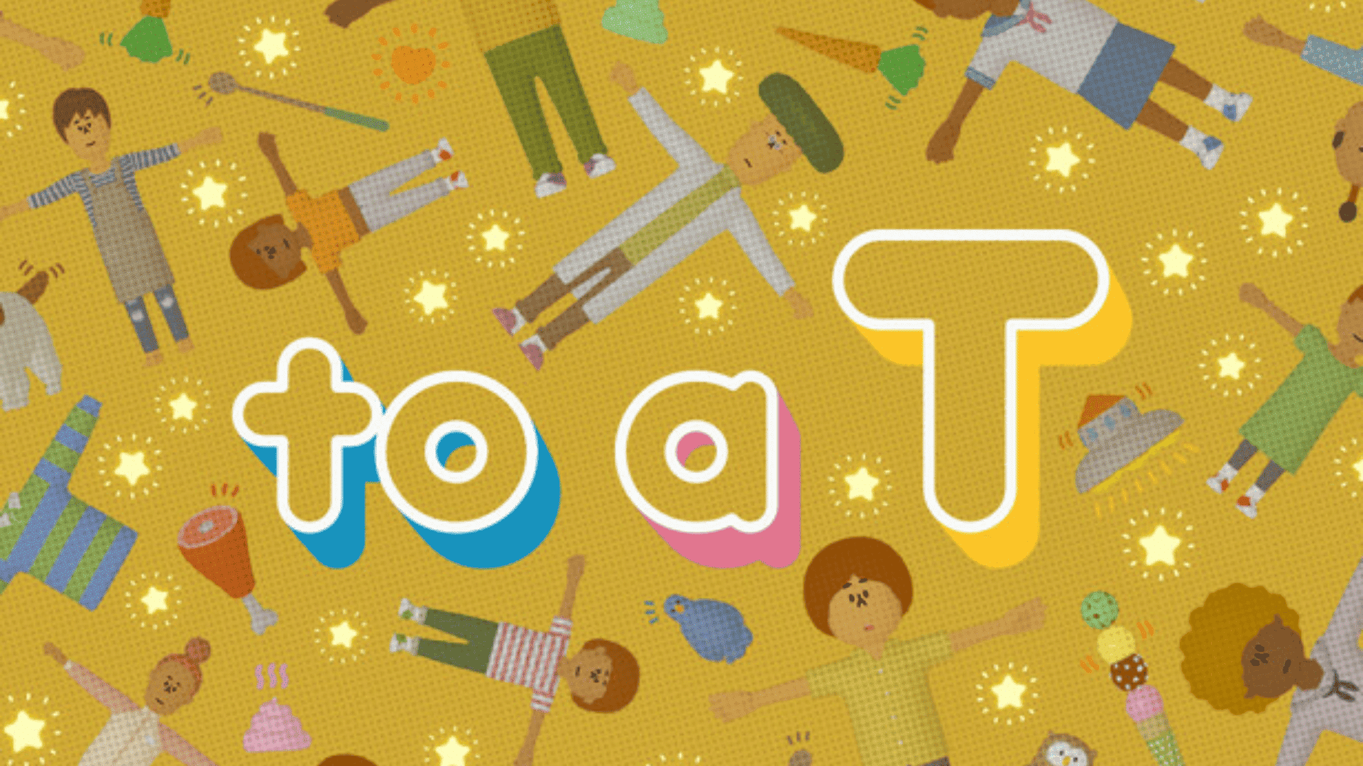 Cute cartoon characters floating on a bright background in To a T, a playful cozy indie game experience