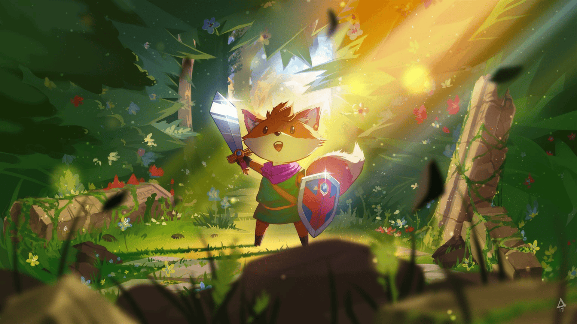 Fox adventurer holding a sword in a magical forest from Tunic, a charming exploration adventure on Xbox