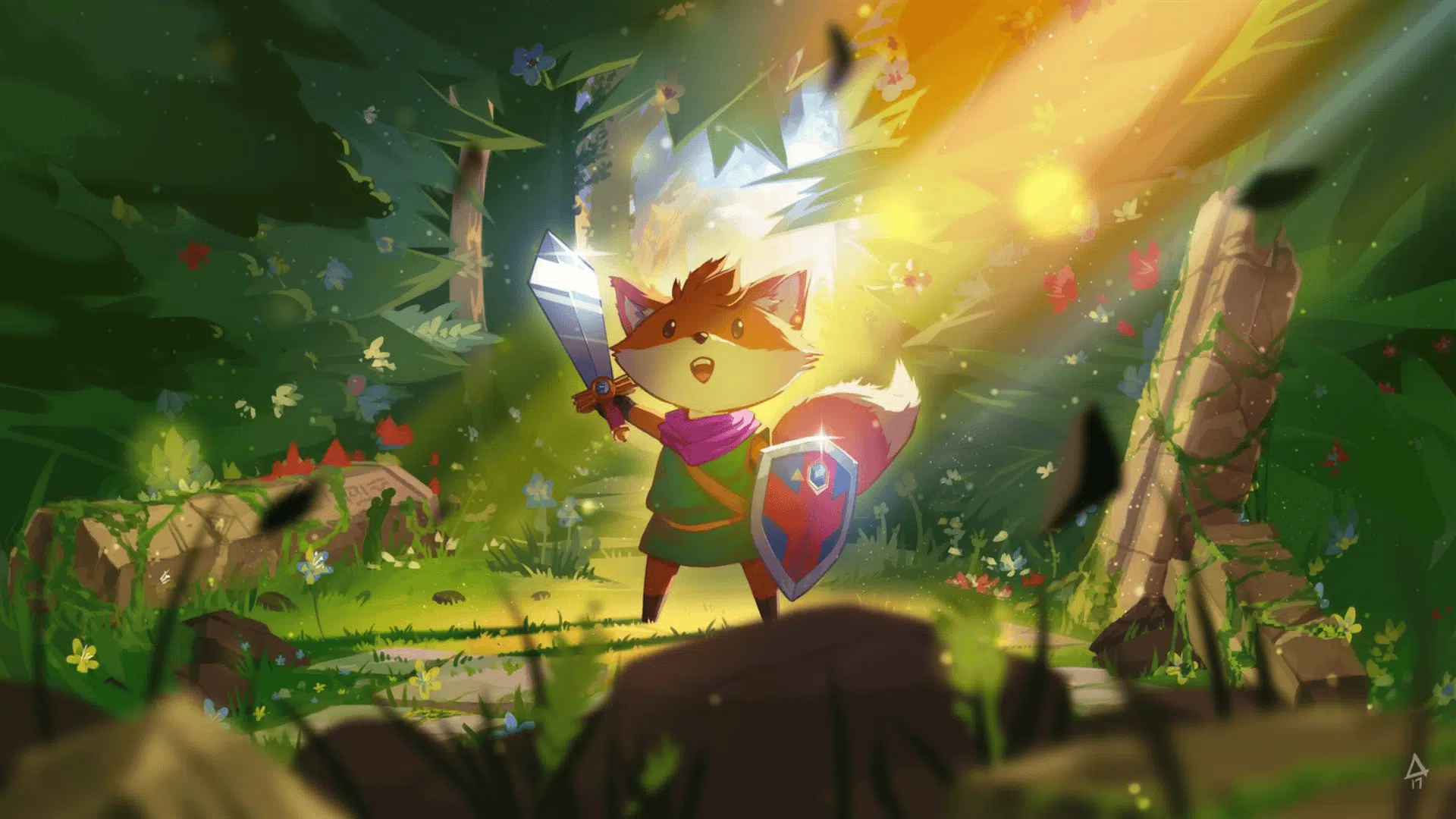 Fox adventurer holding a sword in a magical forest from Tunic, a charming exploration adventure on Xbox