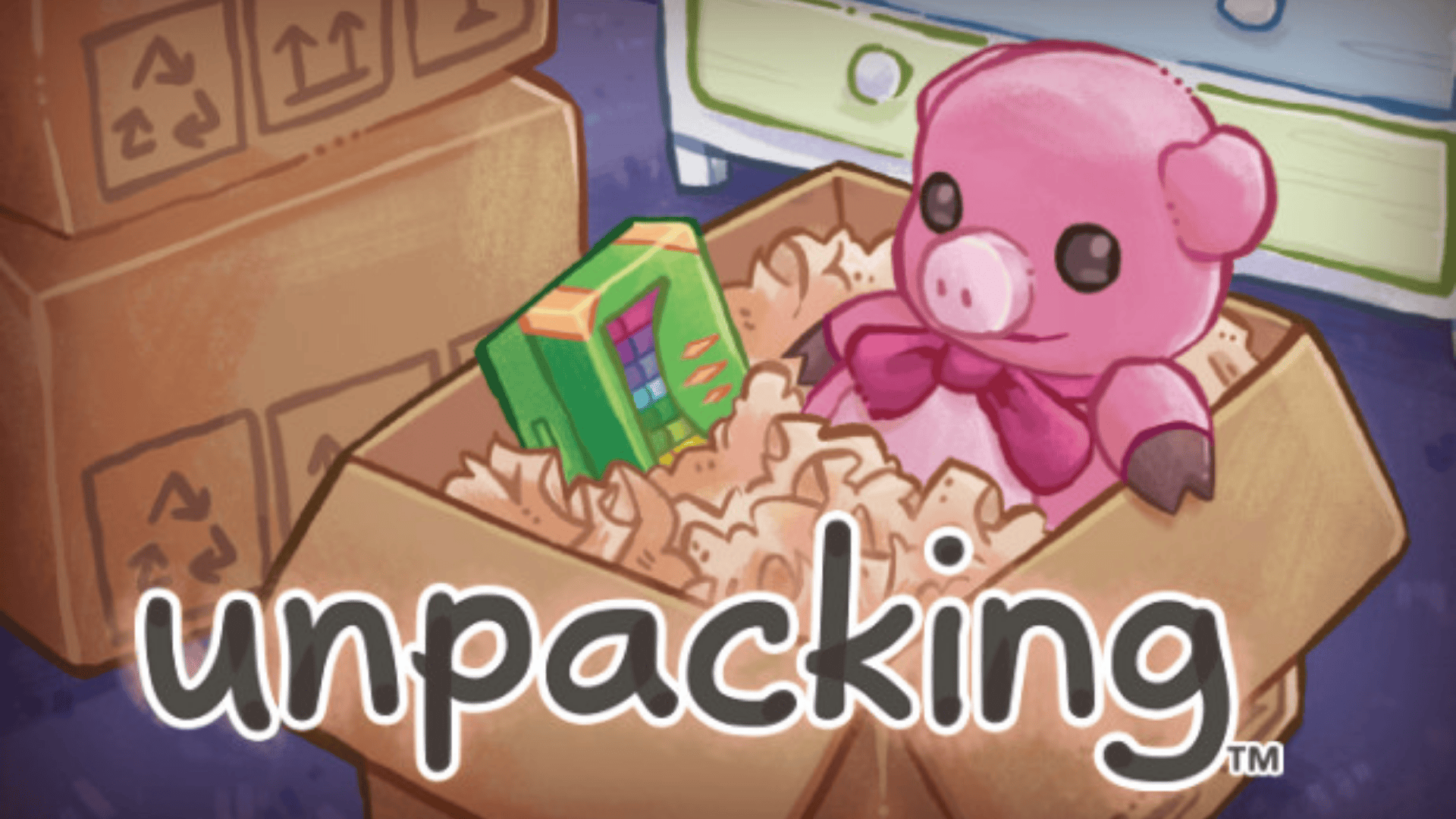 Cute pig plush and household items being unpacked in boxes from Unpacking, a relaxing cozy puzzle game on Xbox.