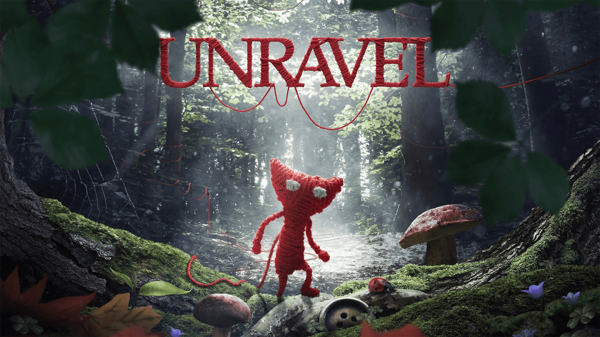 Red yarn character exploring a forest in Unravel, a peaceful puzzle platformer often listed among cozy Xbox games.