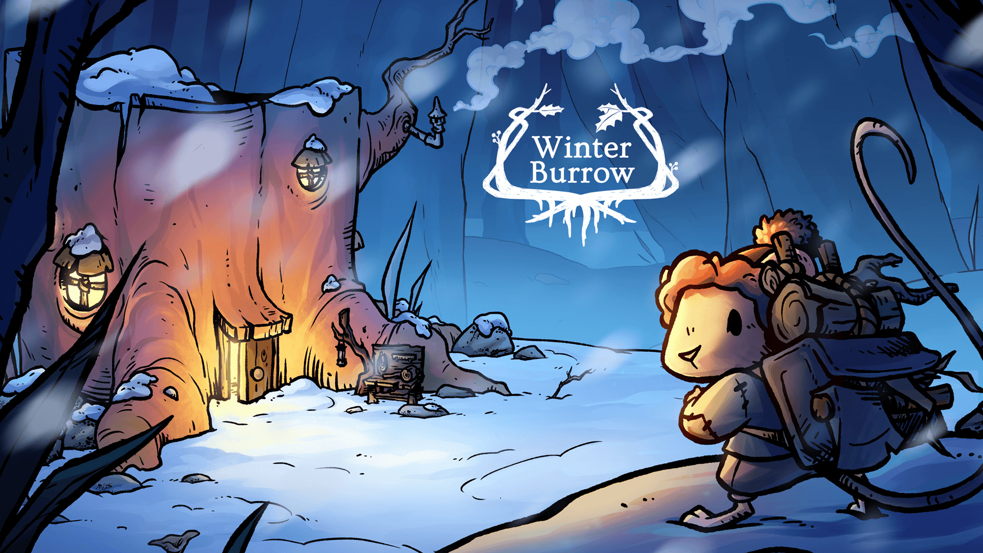 Small mouse adventurer approaching a tree house in snowy woods from Winter Burrow, a cozy survival adventure game