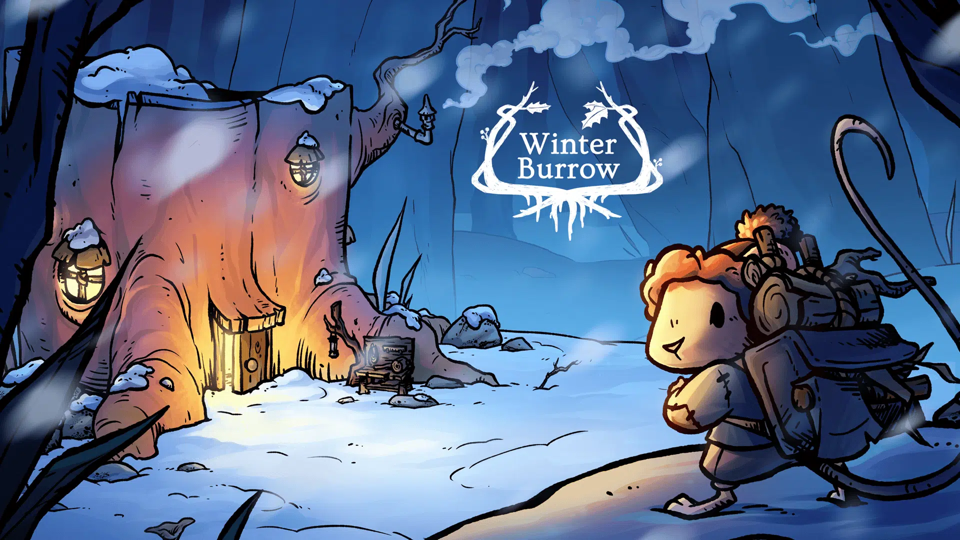 Small mouse adventurer approaching a tree house in snowy woods from Winter Burrow, a cozy survival adventure game